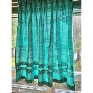 Vintage 70 curtain, deep teal jewel tone, white embroidered detail, thick woven